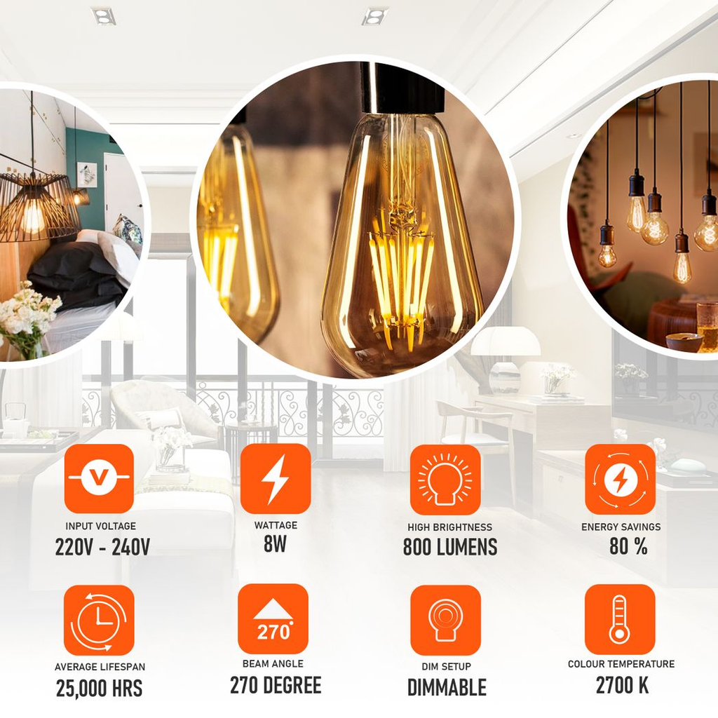 3 Pack E27 LED Edison Dimmable Vintage Amber Glass Warm White 2700K Light Bulbs | Braxby