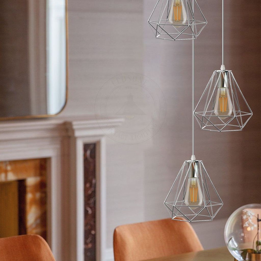 3-Head Chrome Diamond Wire Cage Ceiling Pendant | E27