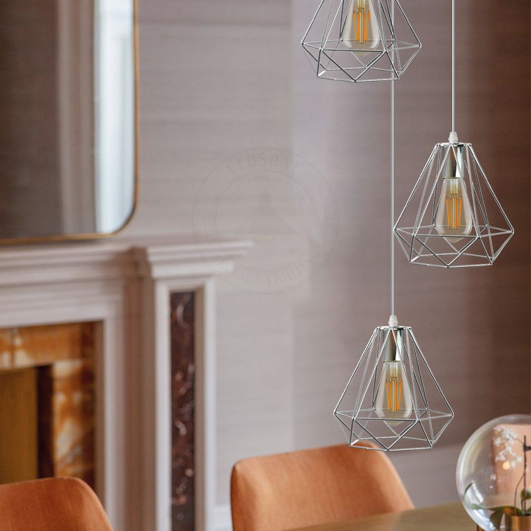 3-Head Chrome Diamond Wire Cage Ceiling Pendant | E27
