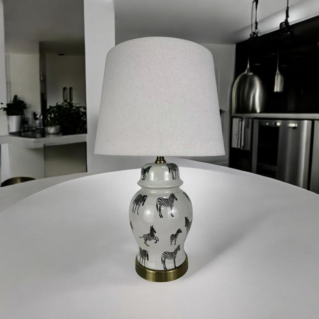 Floral Ceramic Table Lamp | 45cm Zebra Safari | White Shade