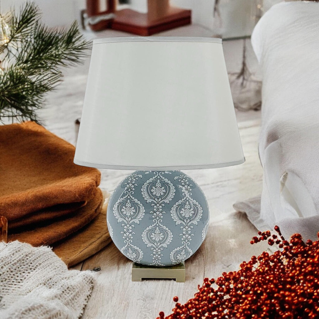 Floral Ceramic Table Lamp | 50cm Grey Damask | Drum Shade
