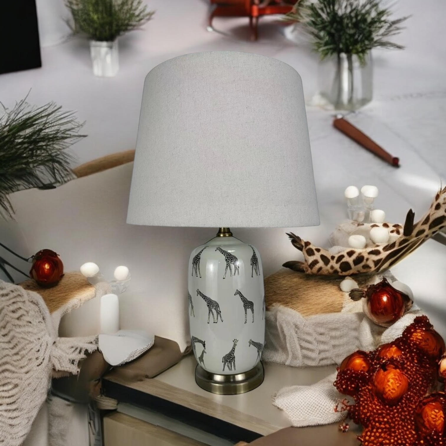 Floral Ceramic Table Lamp | 45cm Giraffe Safari | Drum Shade