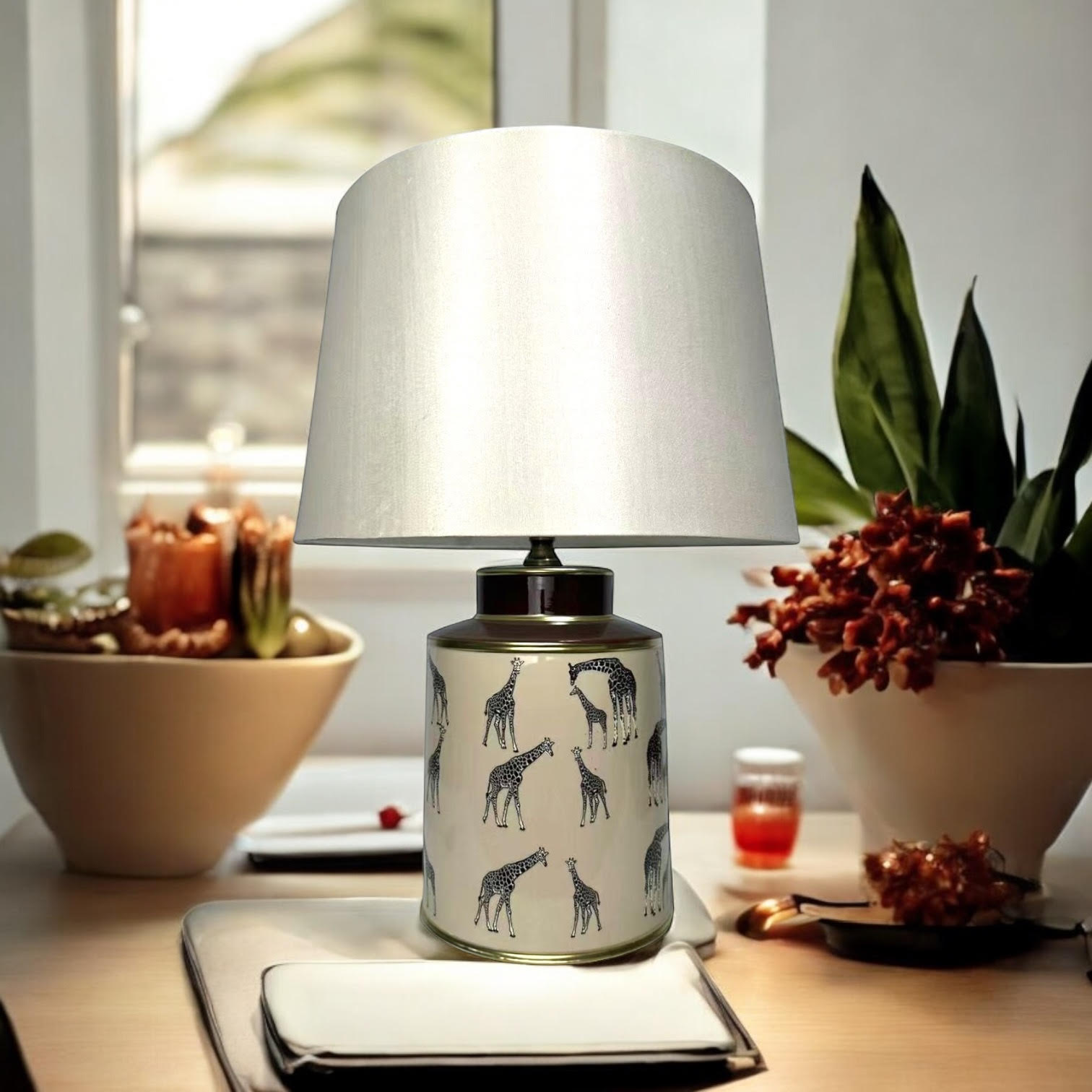 Floral Ceramic Table Lamp | 40cm Giraffe Safari | Drum Shade