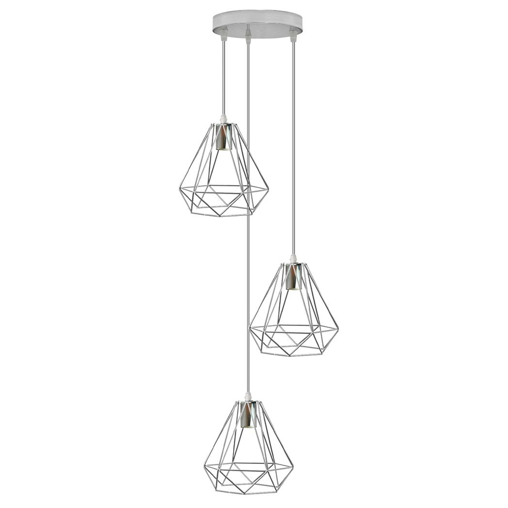 3-Head Chrome Diamond Wire Cage Ceiling Pendant | E27