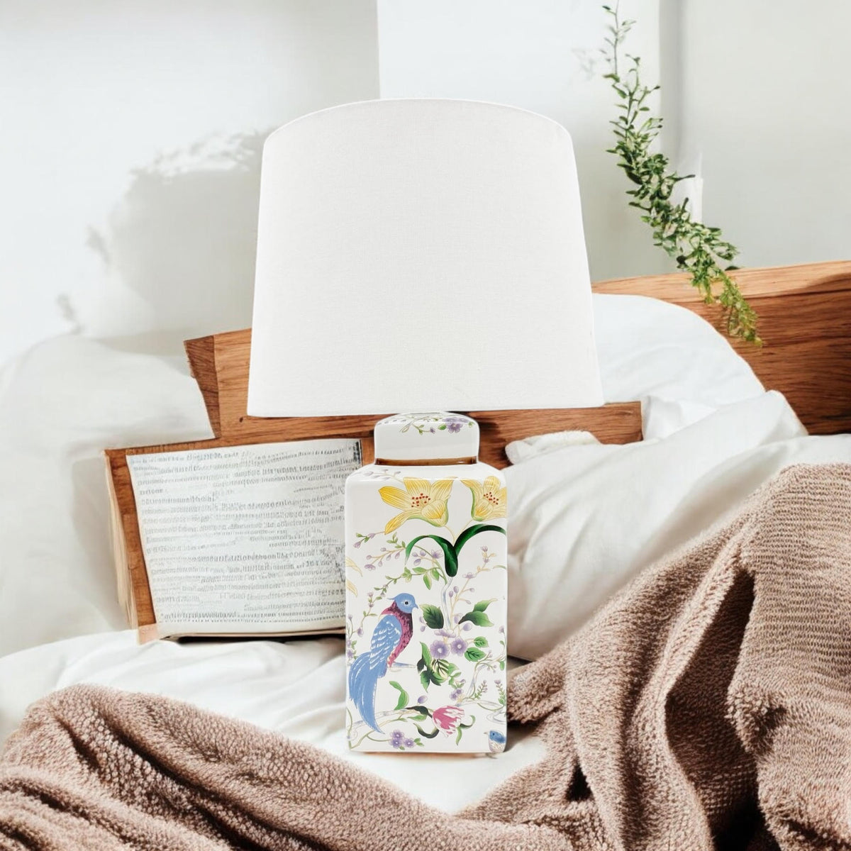 Ceramic Table Lamp | Floral & Bird Design | White Shade