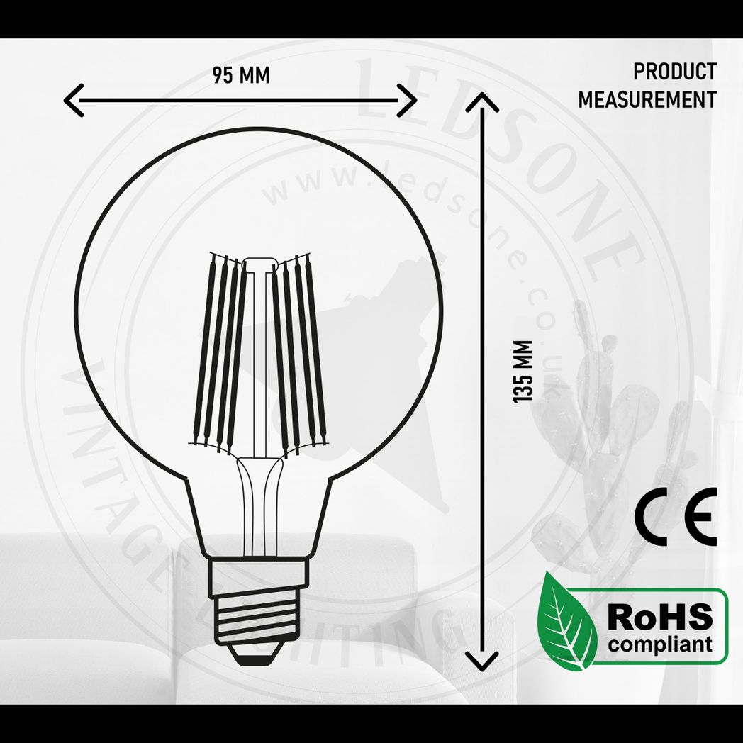 5 Pack Vintage Globe Edison LED Light Bulb G95 8W E27 Screw Bulb | Braxby