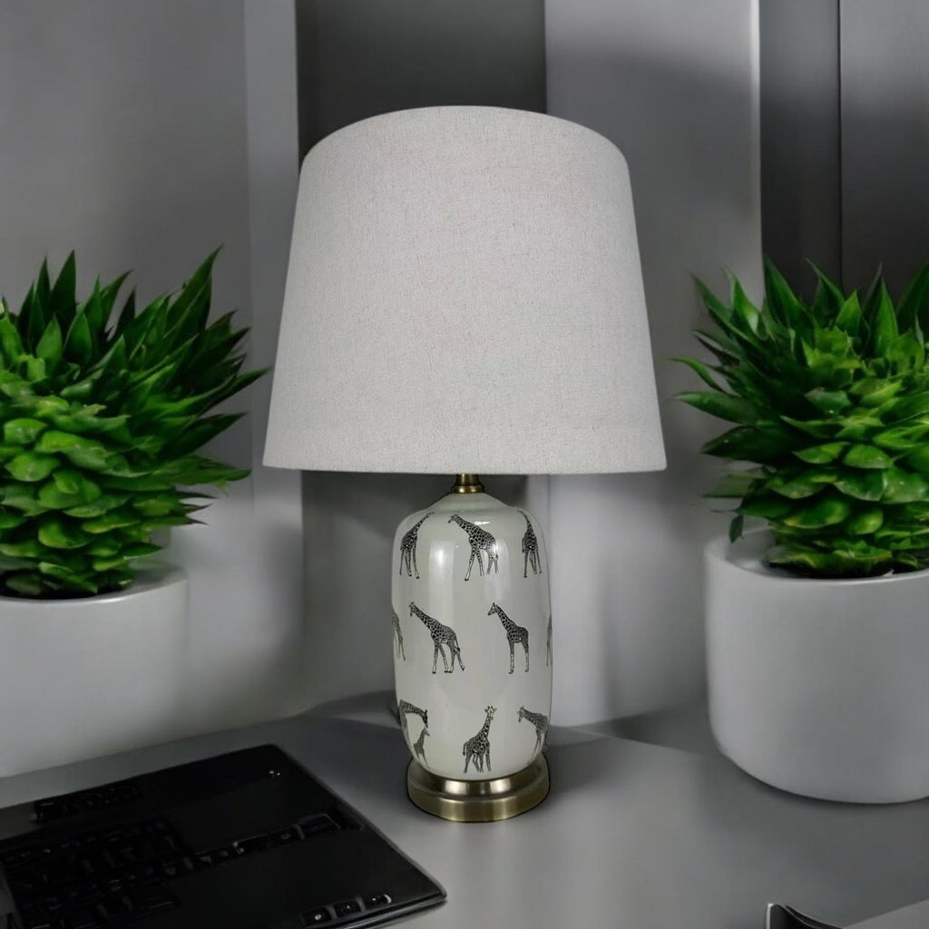 Floral Ceramic Table Lamp | 45cm Giraffe Safari | Drum Shade