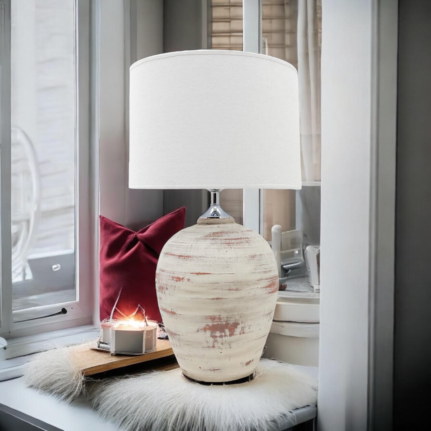 Ceramic Table Lamp | 61cm Cream | Fabric Drum Shade | E27