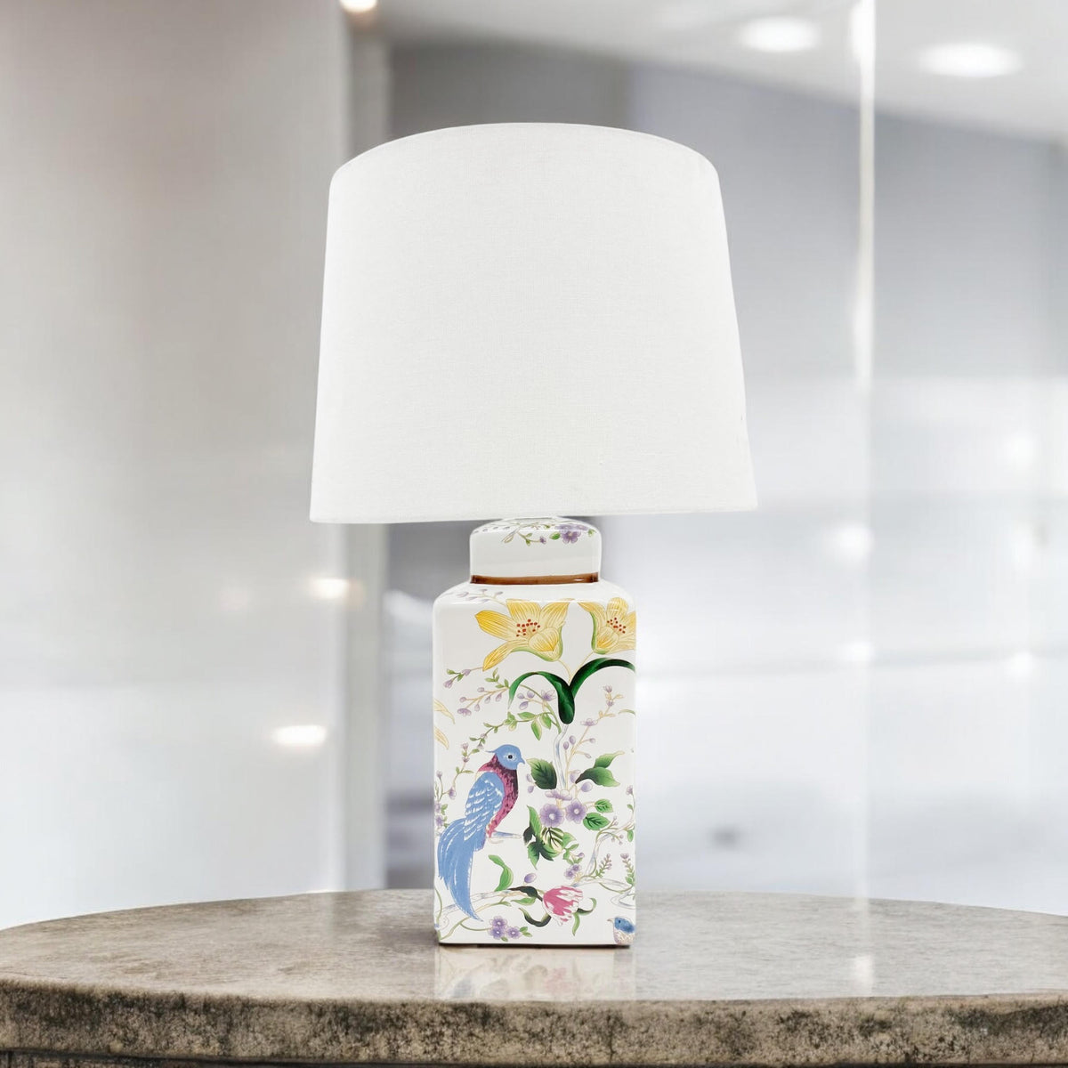 Ceramic Table Lamp | Floral & Bird Design | White Shade
