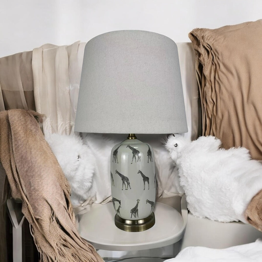 Floral Ceramic Table Lamp | 45cm Giraffe Safari | Drum Shade