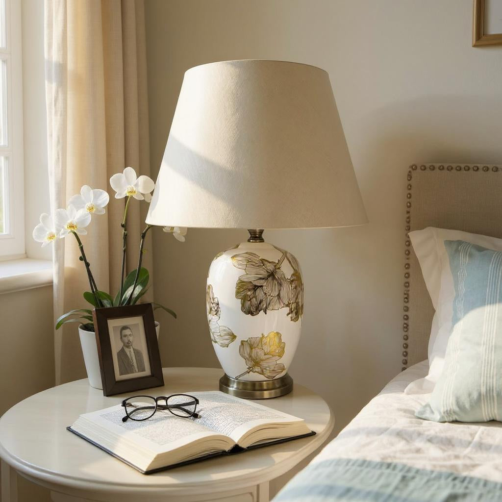Cream Ceramic Table Lamp | Striped Design | 63cm Shade