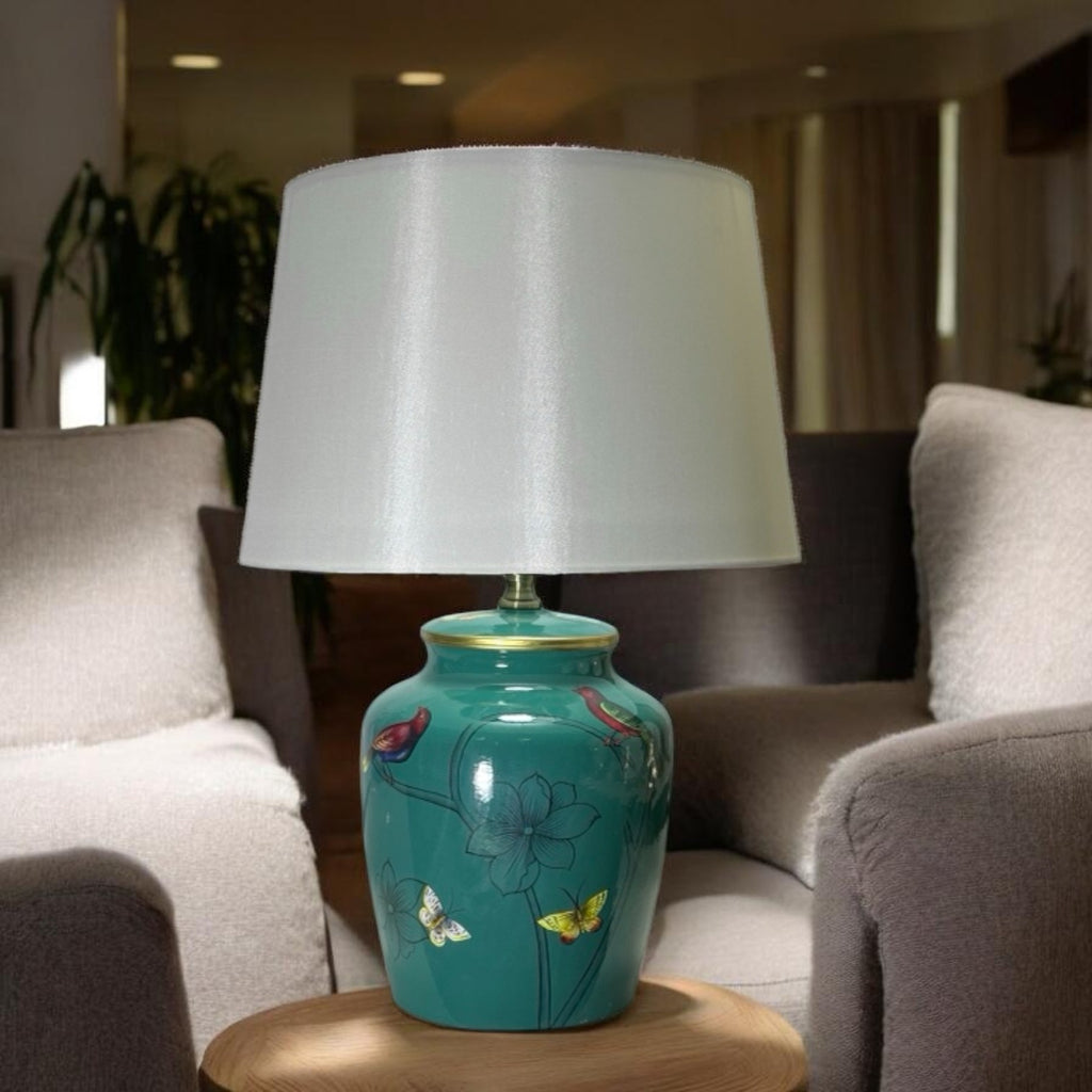 Floral Ceramic Table Lamp | 39cm | White Drum Shade