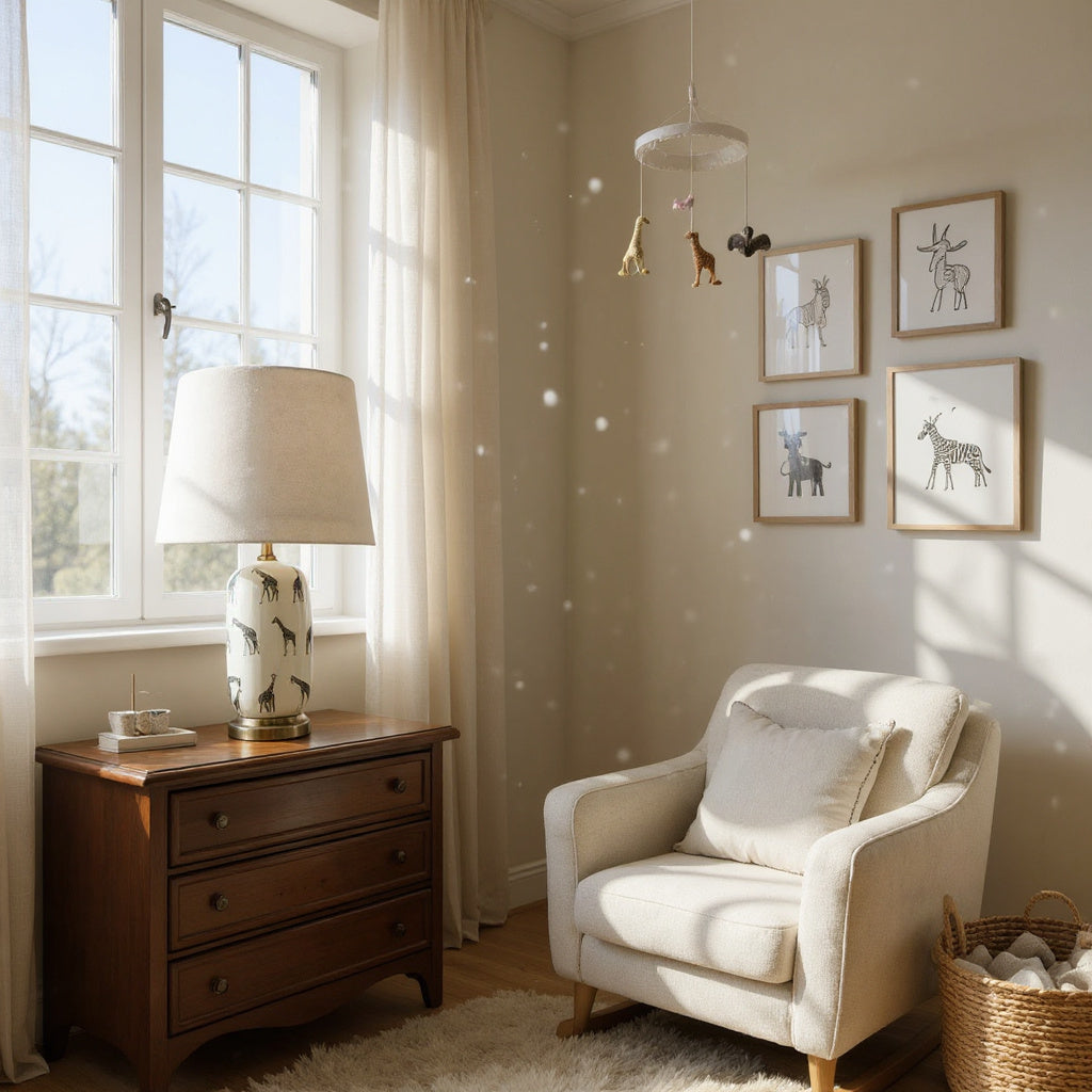 Floral Ceramic Table Lamp | 45cm Giraffe Safari | Drum Shade