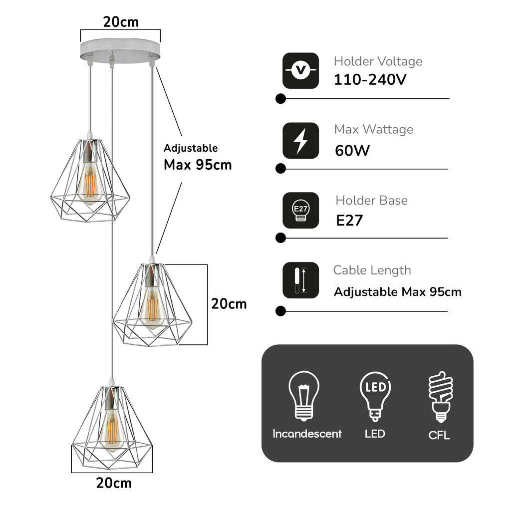 3-Head Chrome Diamond Wire Cage Ceiling Pendant | E27