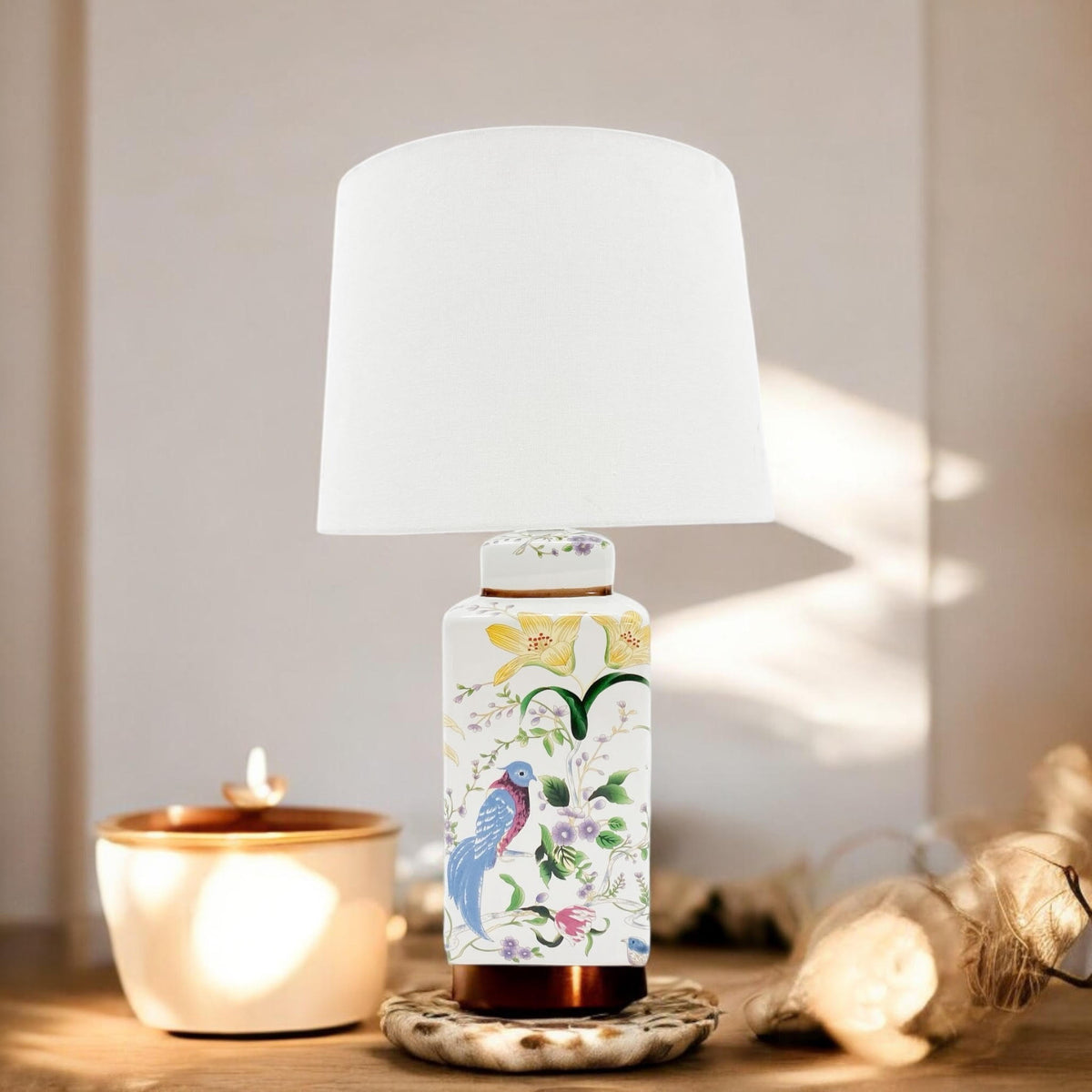 Ceramic Table Lamp | Floral & Bird Design | White Shade