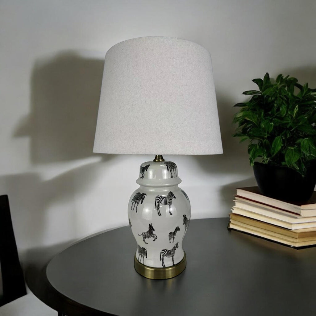 Floral Ceramic Table Lamp | 45cm Zebra Safari | White Shade