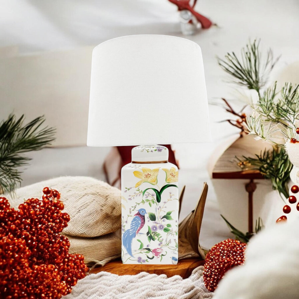 Ceramic Table Lamp | Floral & Bird Design | White Shade