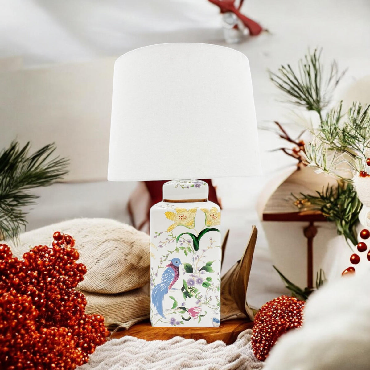 Ceramic Table Lamp | Floral & Bird Design | White Shade