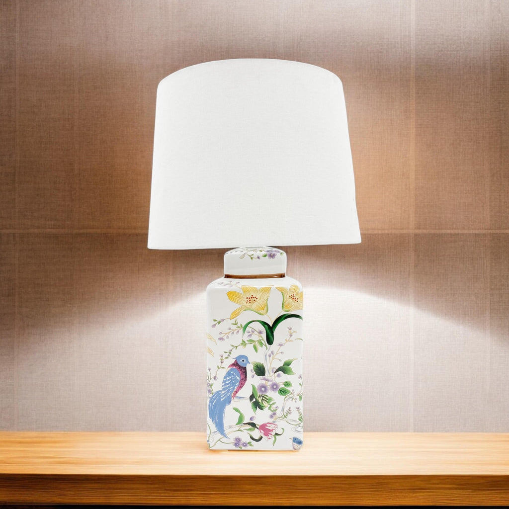 Ceramic Table Lamp | Floral & Bird Design | White Shade