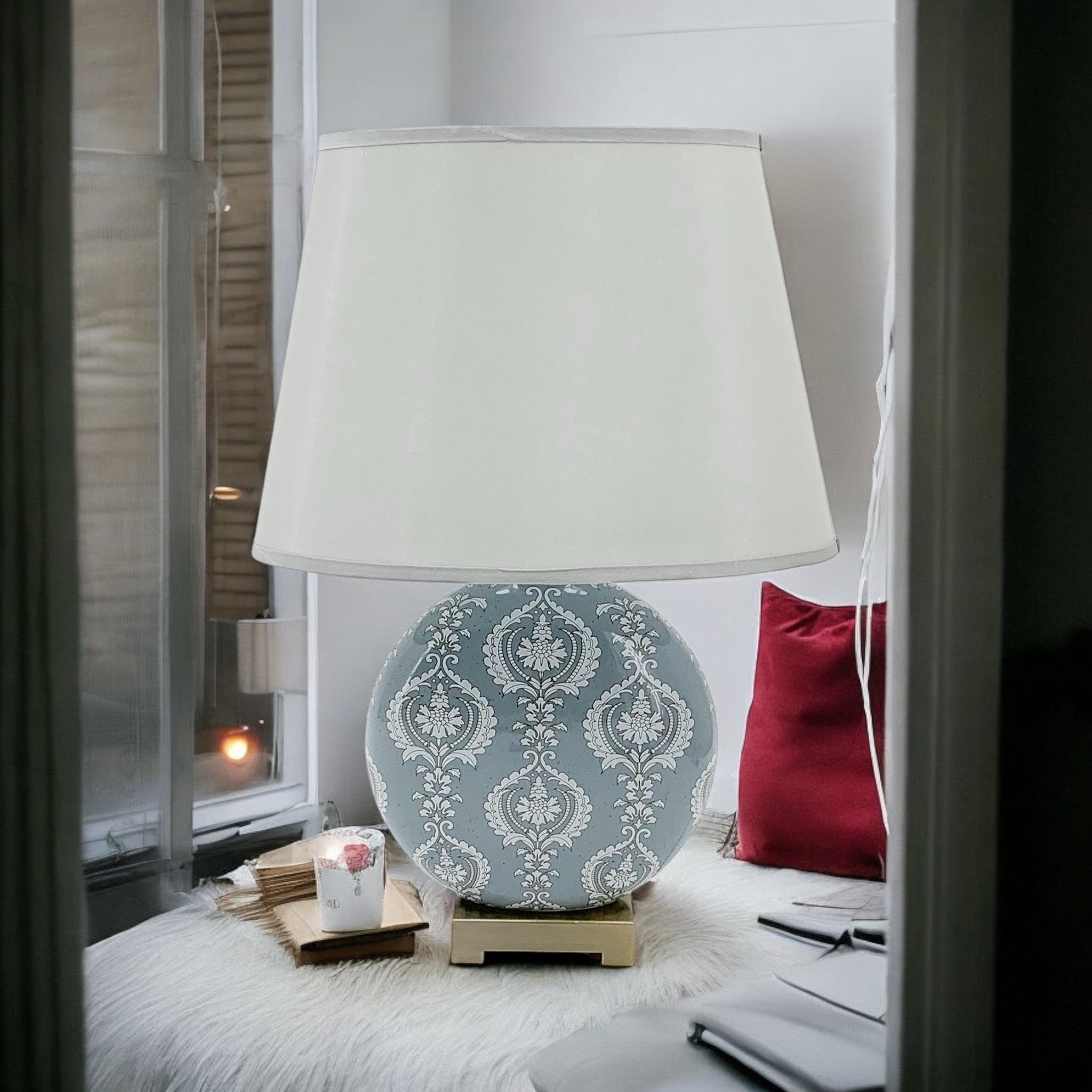 Floral Ceramic Table Lamp | 50cm Grey Damask | Drum Shade