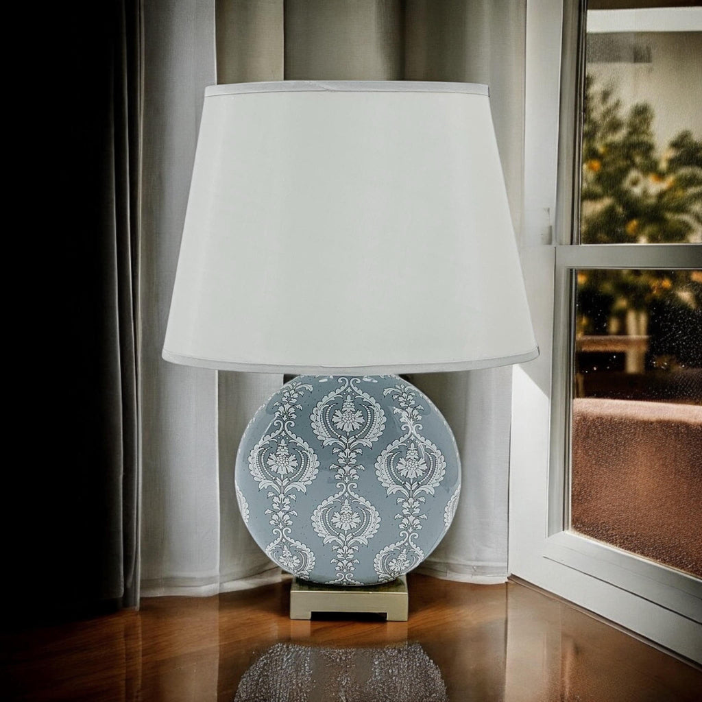Floral Ceramic Table Lamp | 50cm Grey Damask | Drum Shade