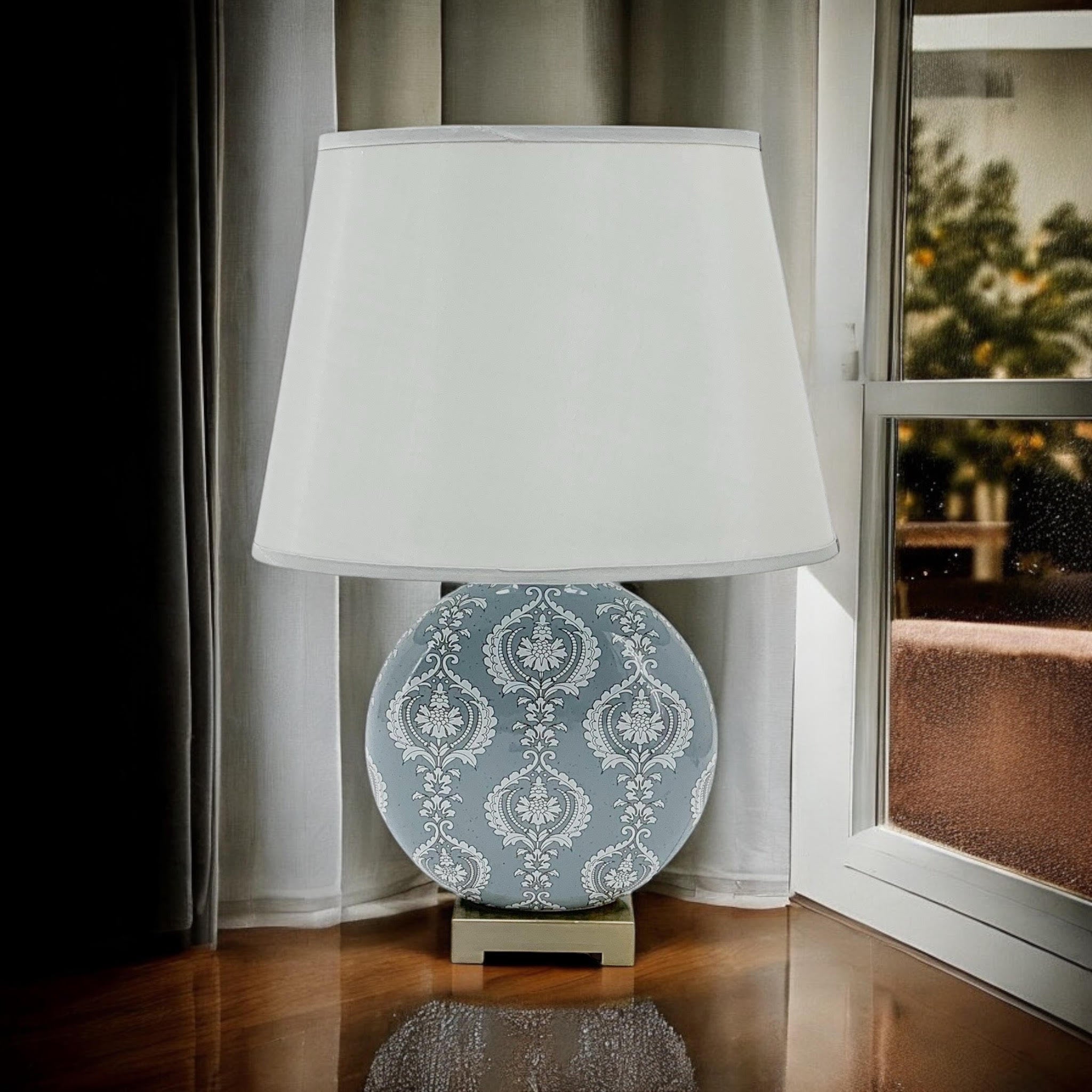 Floral Ceramic Table Lamp | 50cm Grey Damask | Drum Shade