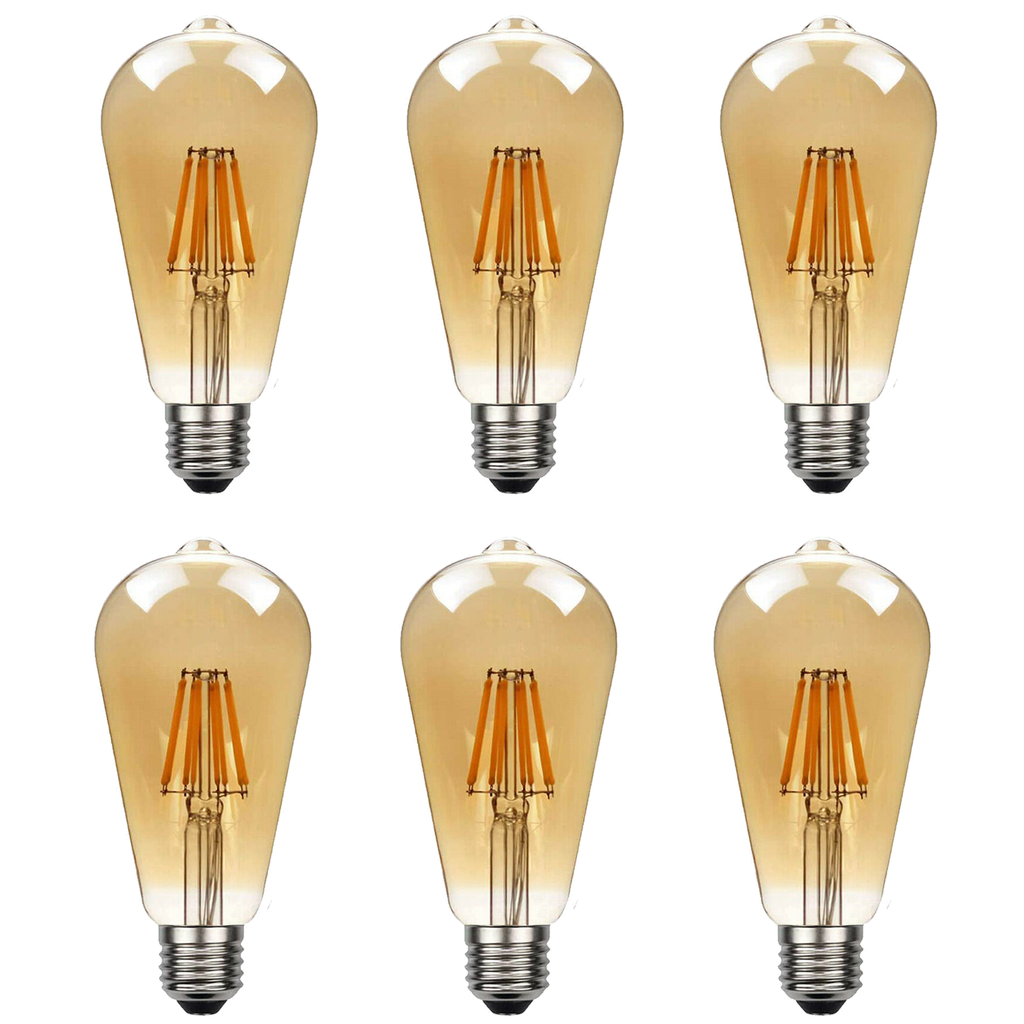 6 Pack E27 LED Edison Dimmable Vintage Amber Glass Warm White 2700K Light Bulbs | Braxby