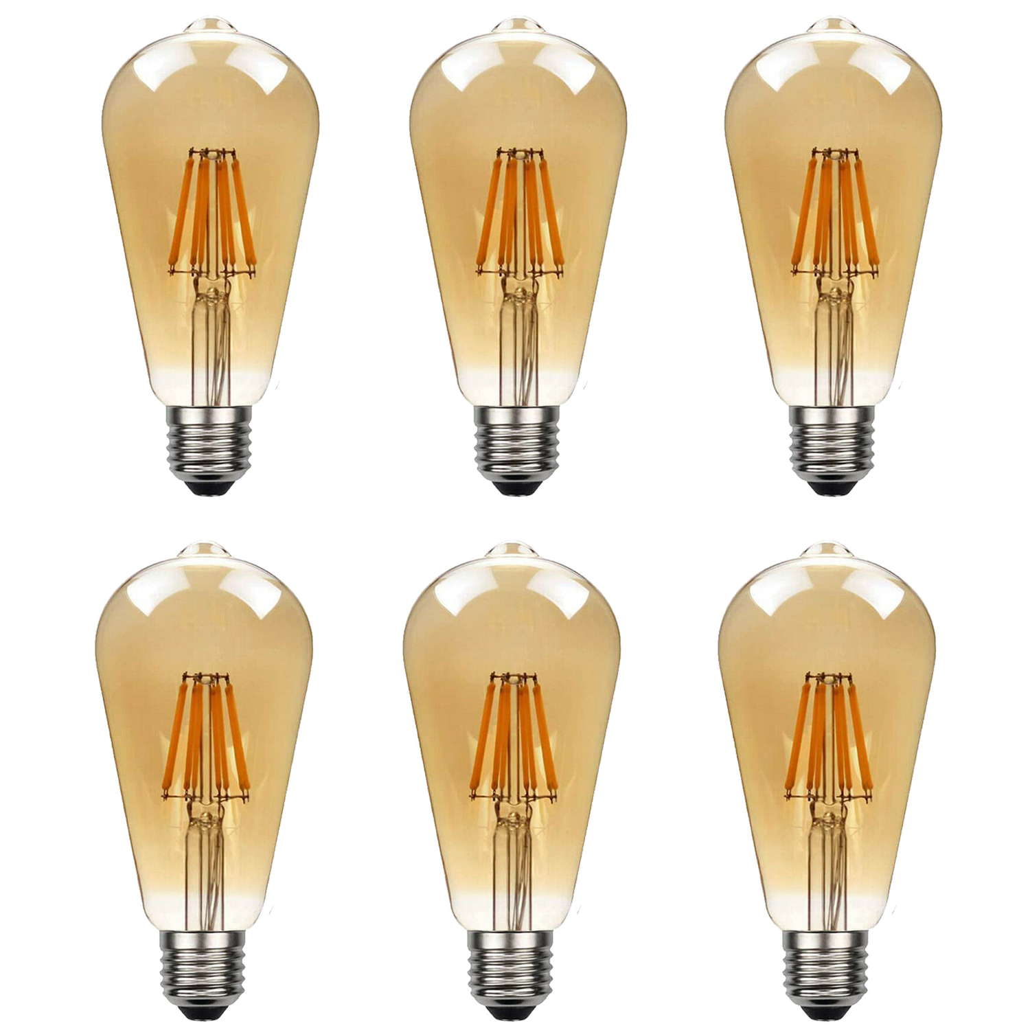 6 Pack E27 LED Edison Dimmable Vintage Amber Glass Warm White 2700K Light Bulbs | Braxby