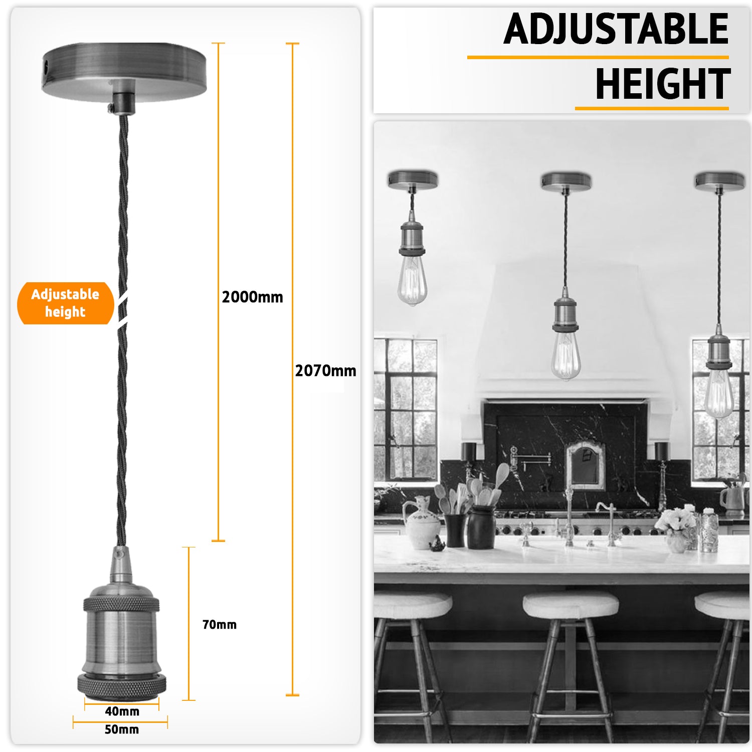 2m Black Twisted Cable Pendant E27 Base Shiny Black Holder | Braxby
