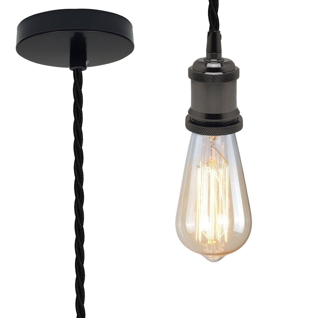 2m Black Twisted Cable Pendant E27 Base Shiny Black Holder | Braxby