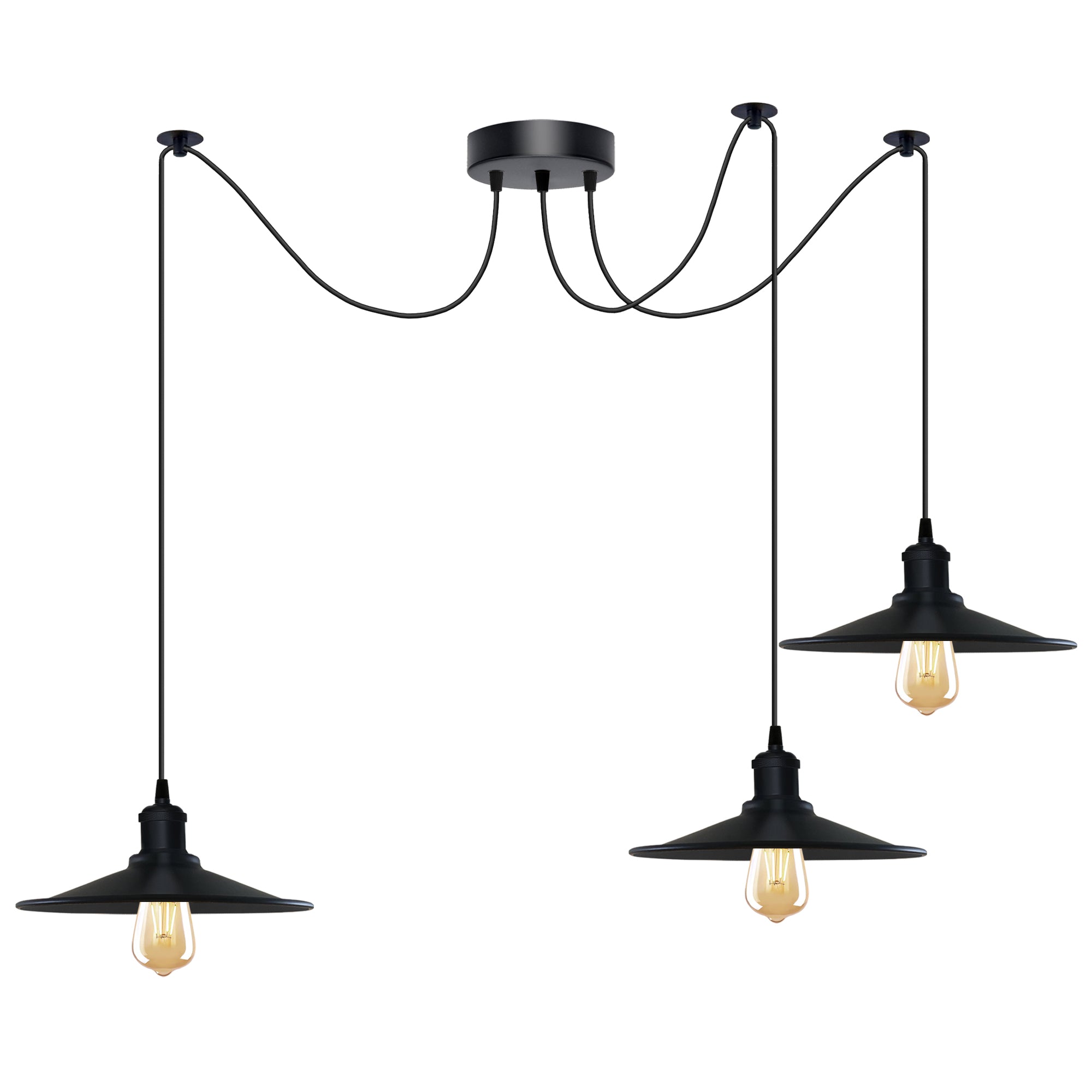 Black Vintage 3-Head Cone Pendant Light | Adjustable Cord | Hanging Light Fixture | Braxby