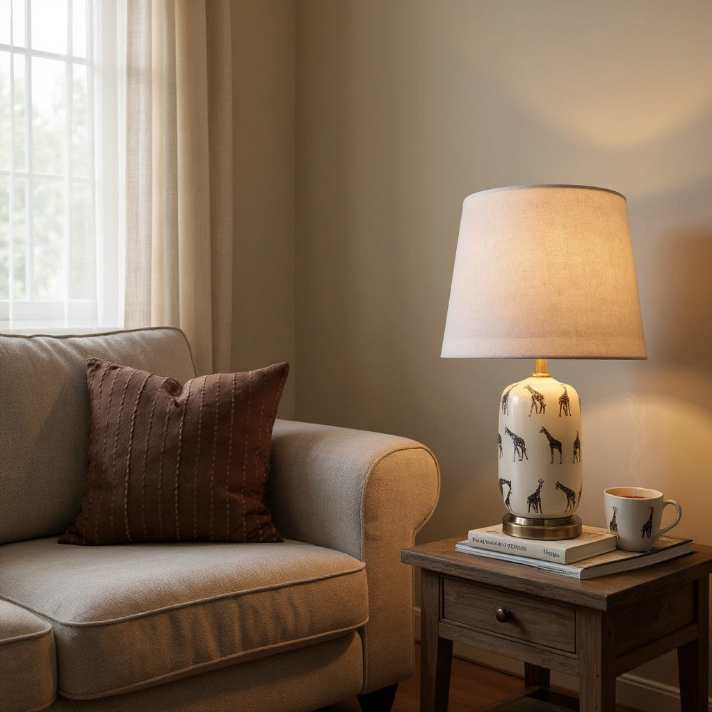 Floral Ceramic Table Lamp | 45cm Giraffe Safari | Drum Shade