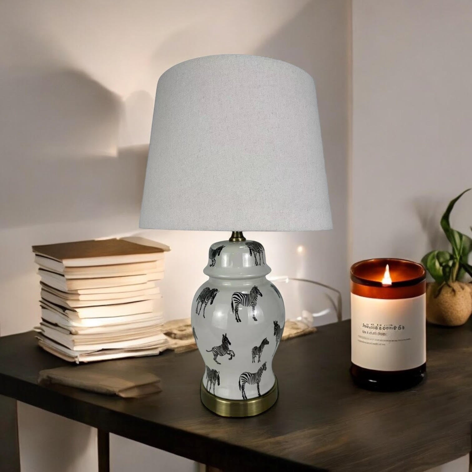 Floral Ceramic Table Lamp | 45cm Zebra Safari | White Shade