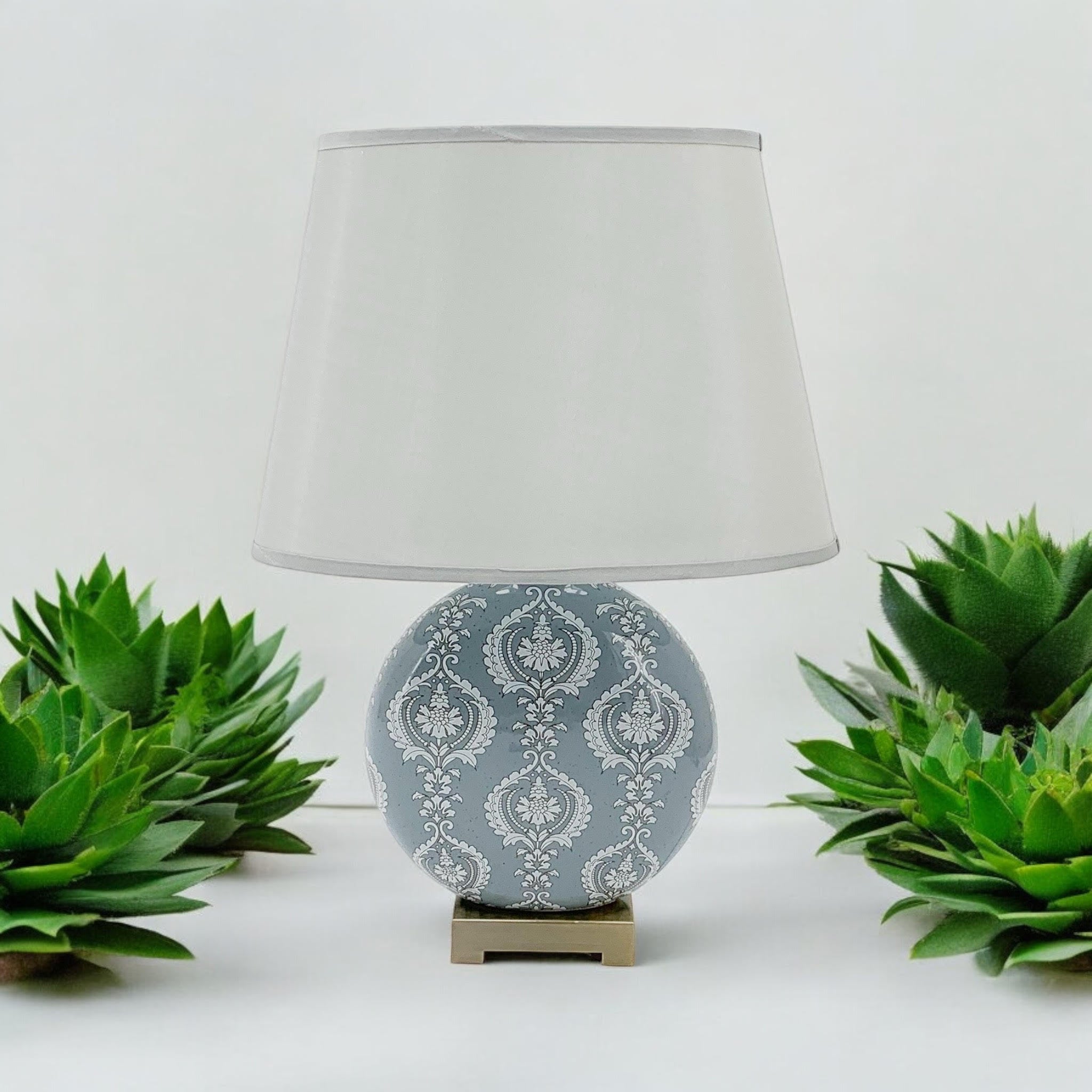 Floral Ceramic Table Lamp | 50cm Grey Damask | Drum Shade