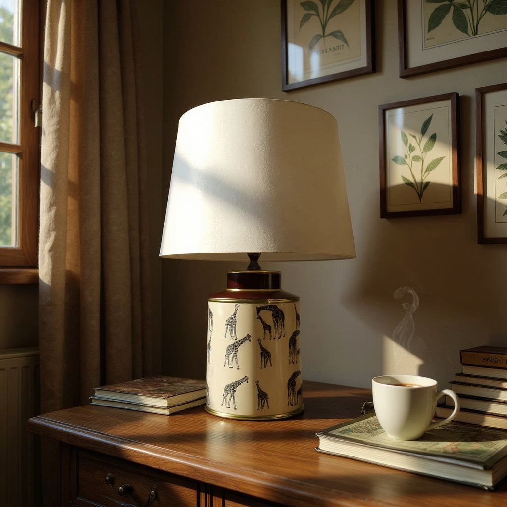 Floral Ceramic Table Lamp | 40cm Giraffe Safari | Drum Shade