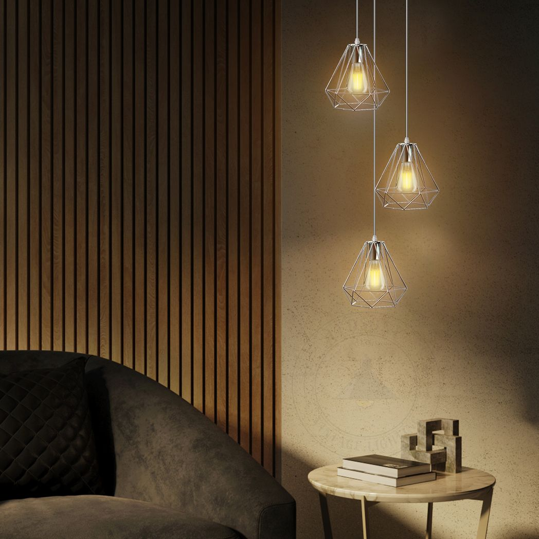3-Head Chrome Diamond Wire Cage Ceiling Pendant | E27