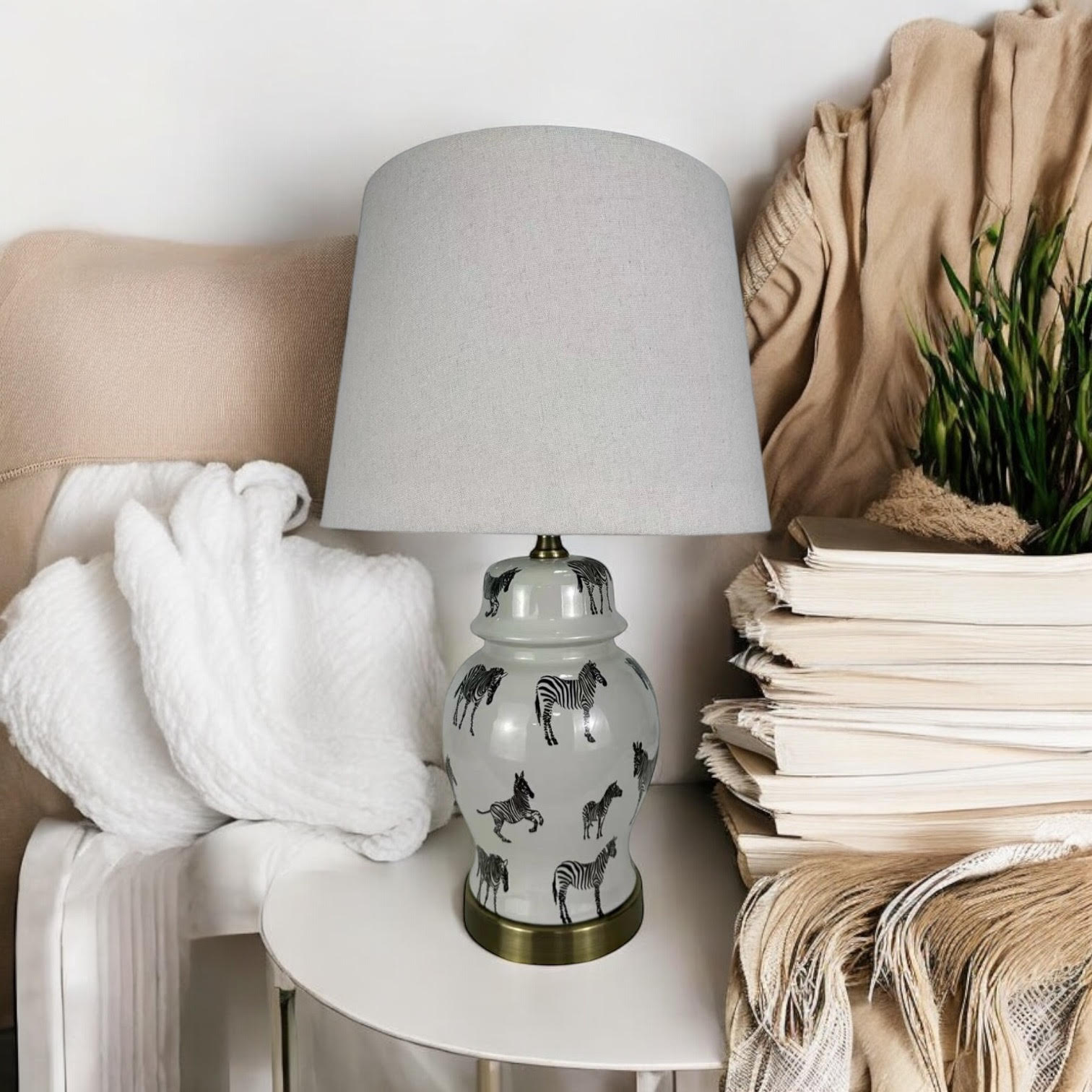 Floral Ceramic Table Lamp | 45cm Zebra Safari | White Shade