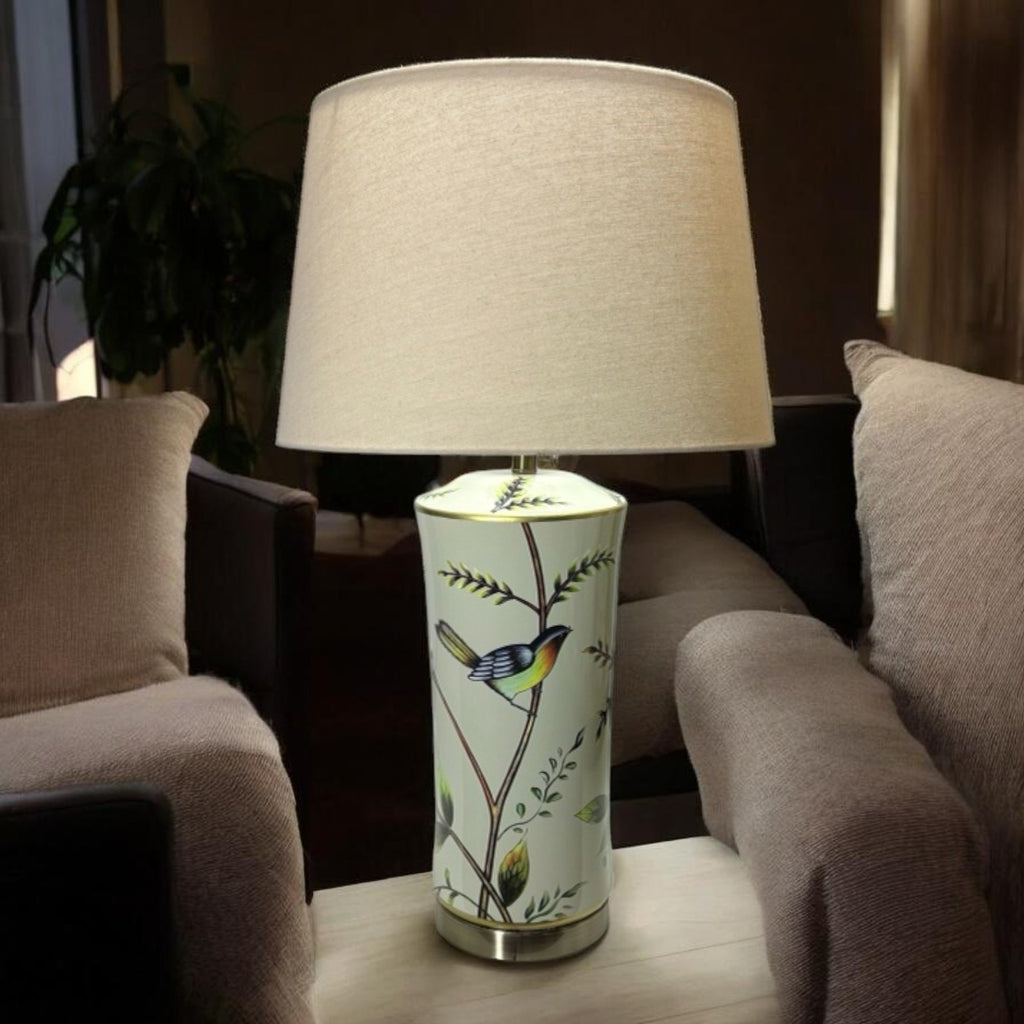 AcaciaHome Modern 51cm Floral Ceramic Table Lamp with White Drum Shade, Large Oriental Pattern Bedside Lamp, Decorative Ceramic Table Light for Living Room, Bedroom, Dining Room & Study