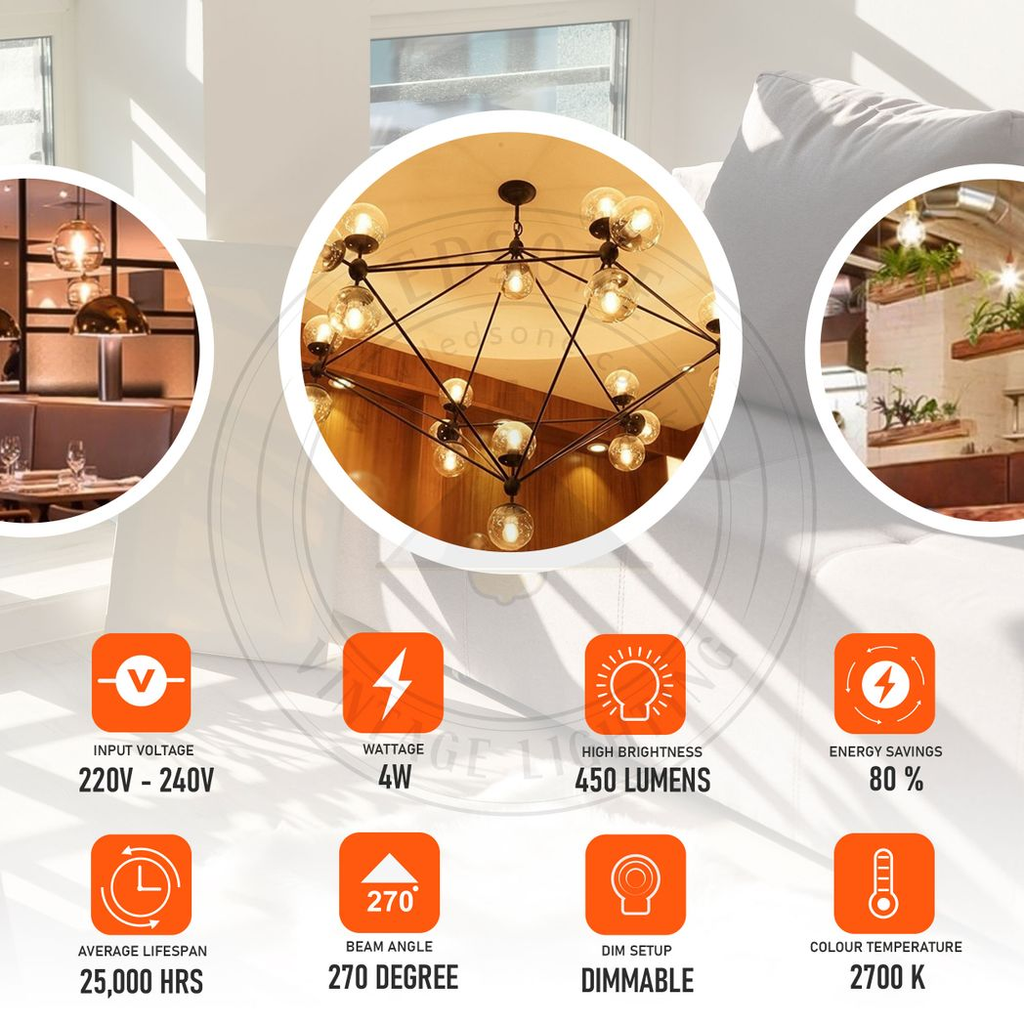 6 Pack E27 LED Edison Dimmable Vintage Amber Glass Warm White 2700K Light Bulbs | Braxby
