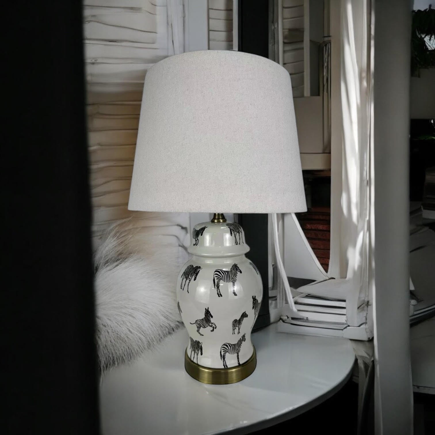 Floral Ceramic Table Lamp | 45cm Zebra Safari | White Shade