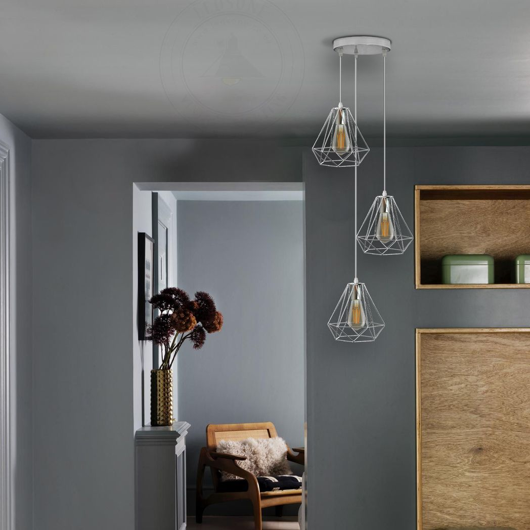 3-Head Chrome Diamond Wire Cage Ceiling Pendant | E27